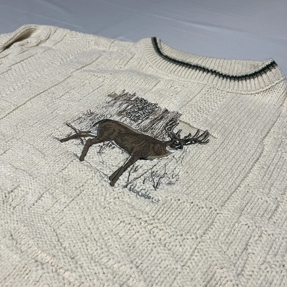Vintage 90s Deer Embroidered Knit Sweater Mens XL Cream USA Made Cottage Cabin